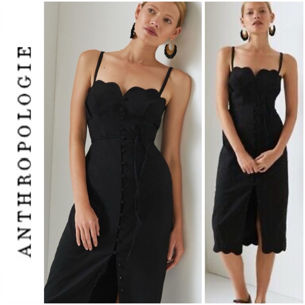 Anthropologie Slim Scalloped Front Slit Corset Dress Black Size 2 P
